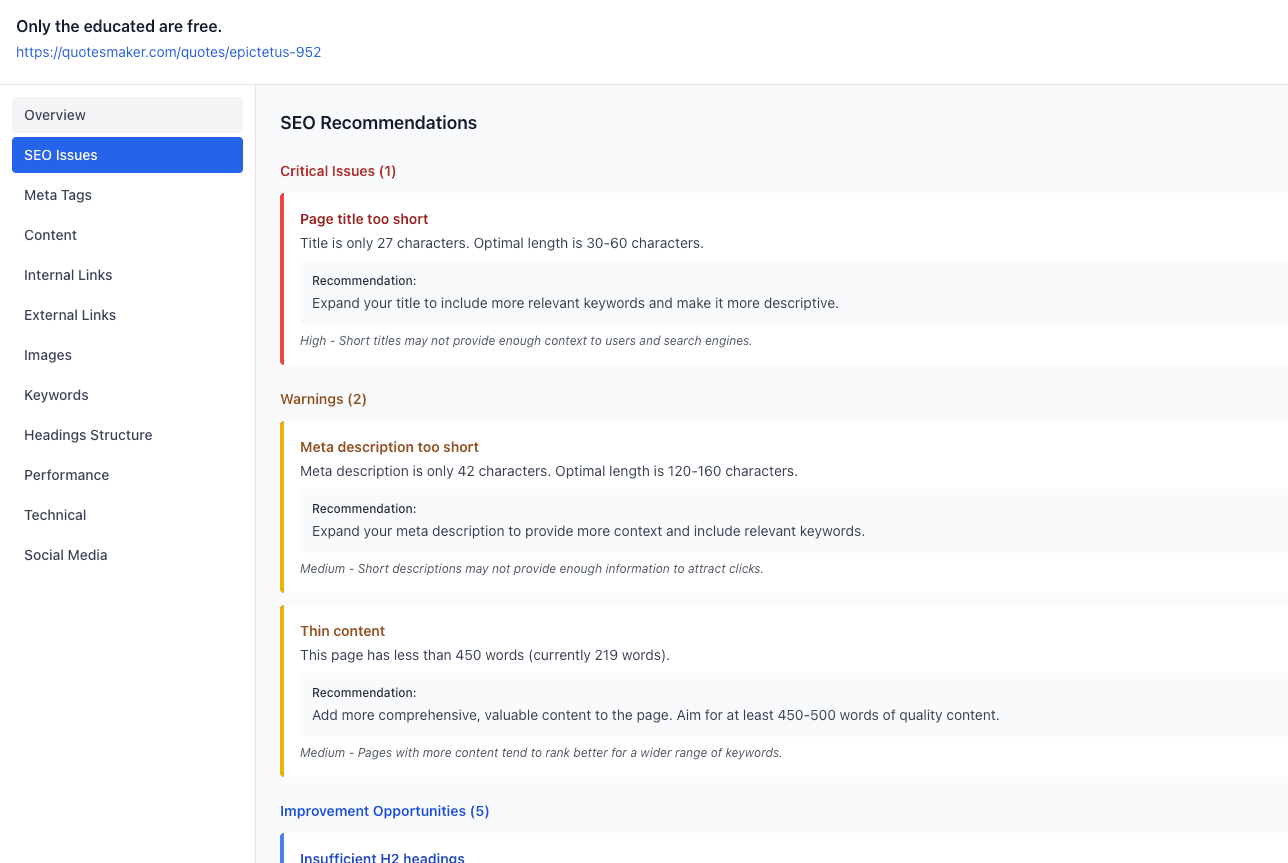 Detailed SEO recommendations for individual pages